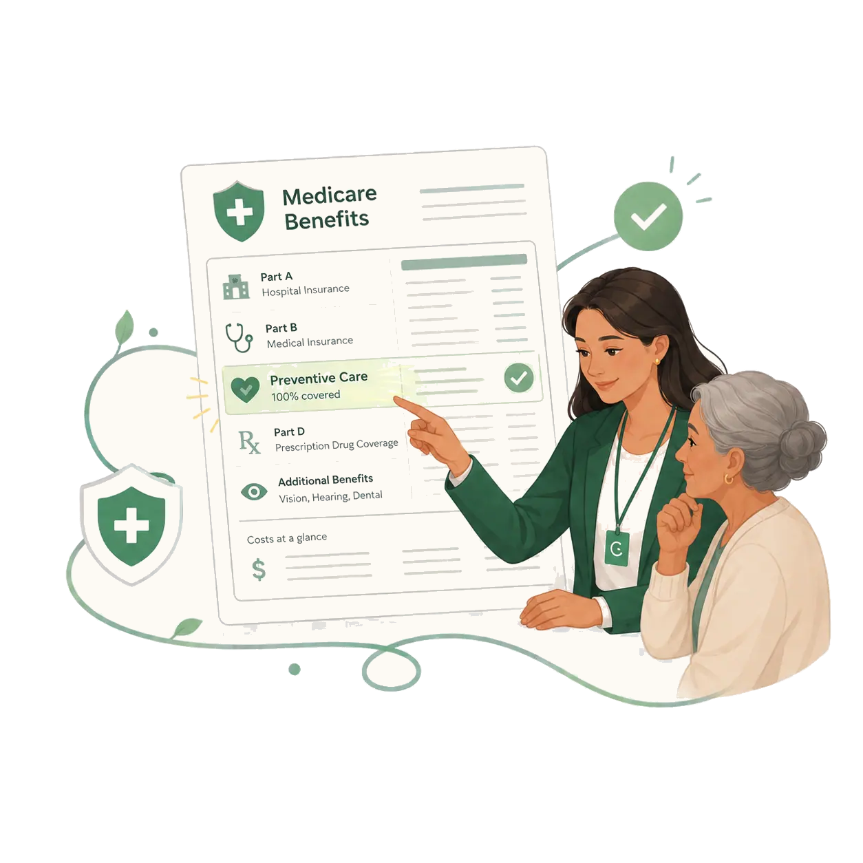 A care navigator explaining a Medicare benefits summary to a patient