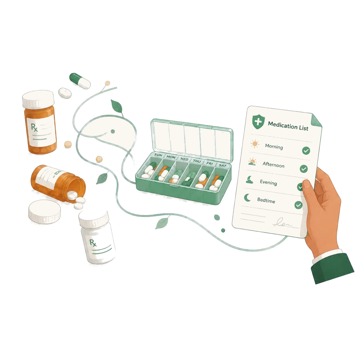 Prescription bottles, a weekly pill organizer, and a checked medication list
