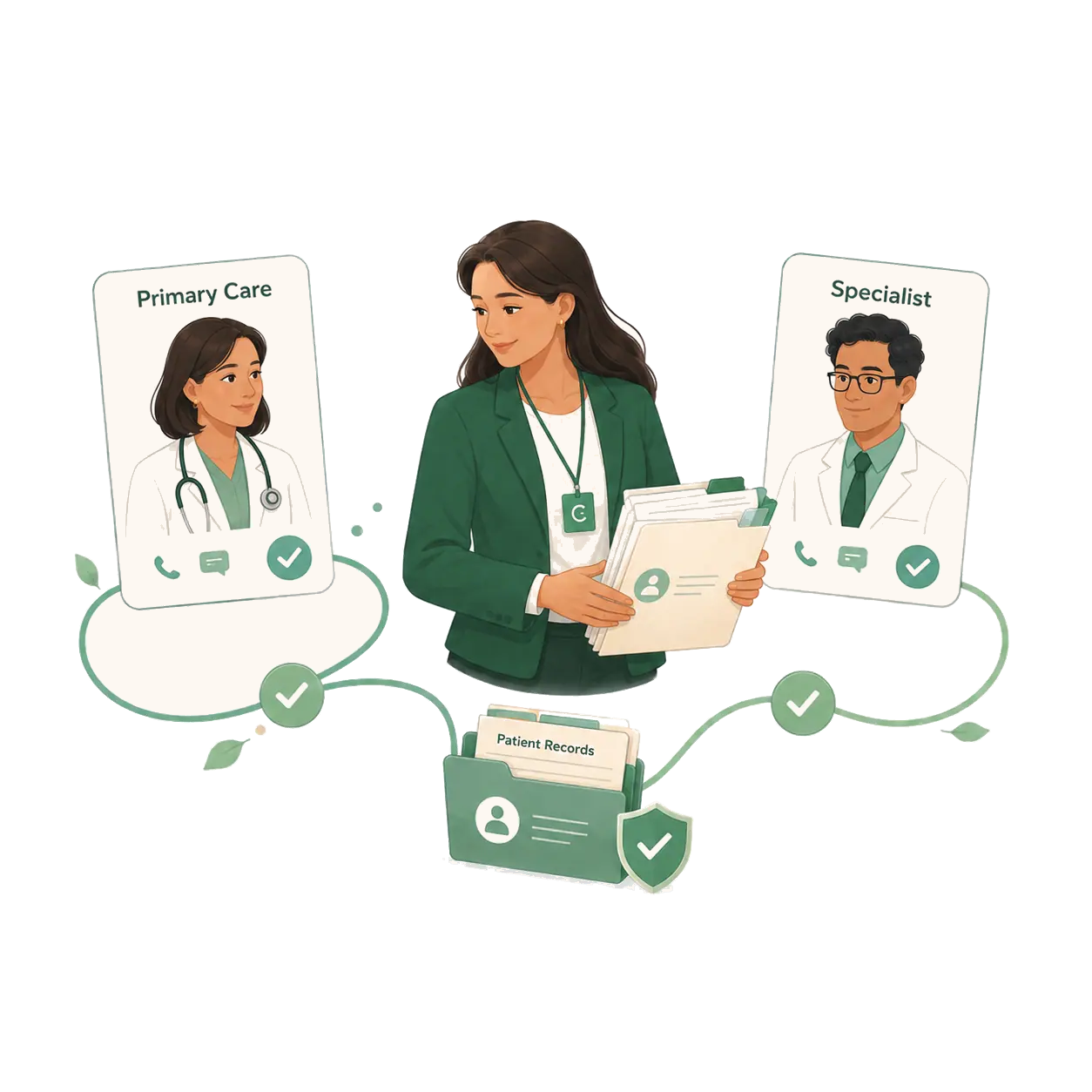 A care navigator connecting a primary care doctor and a specialist with shared patient records