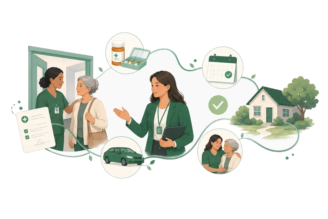 A care navigator coordinating clinic visits, medications, appointments, transportation, and home support