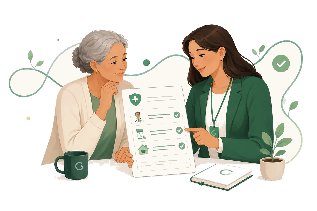 A patient and care navigator reviewing a coordinated care plan with checked benefits